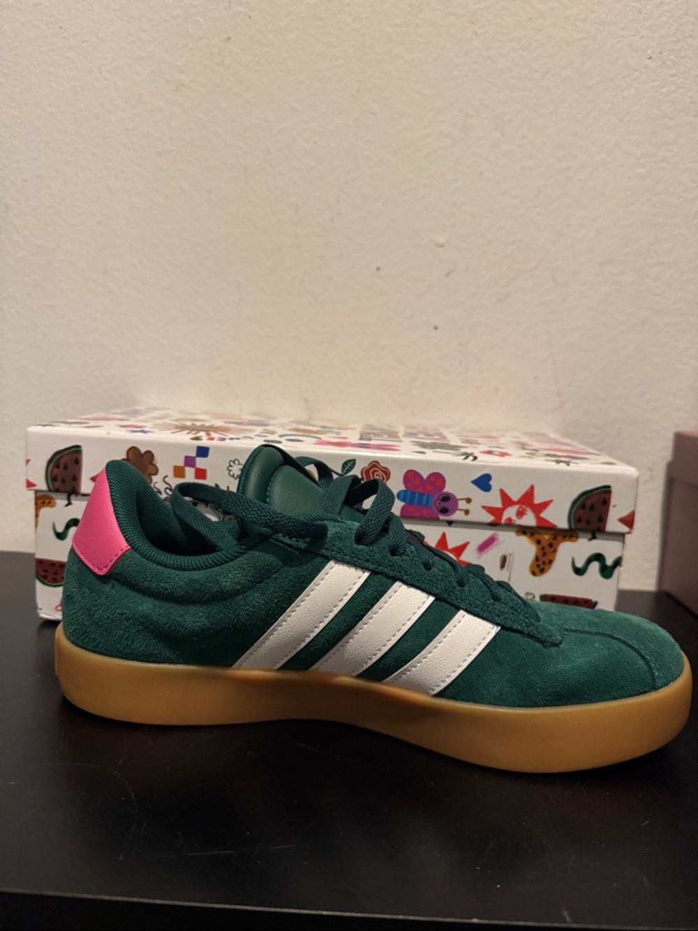 adidas Green Suede Sneakers with White Stripes and Pink Heel Accent